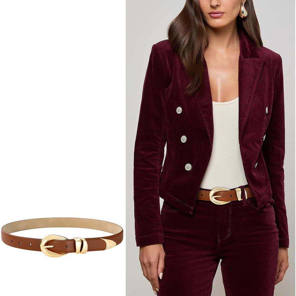 Belts for Women with Gold Buckle – Adjustable Black leather Belt for Jeans, Dress, Pants