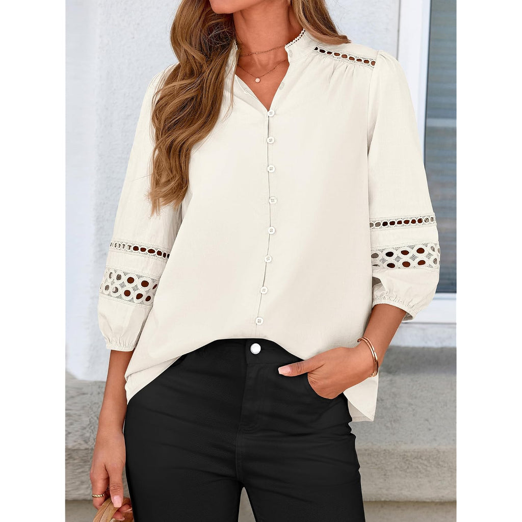 Btfbm Summer Tops For Women 2026 Eyelet Top 3/4 Length Sleeve Dressy Casual Blouses Spring Boho Button Down Shirts