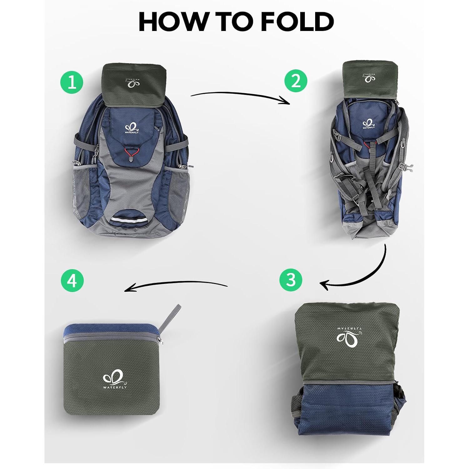Waterfly Lightweight Packable Hiking Backpack, 30L Day Pack Blue | Water Resistant Foldable Travel Daypack With Multiple Pockets, Wet Pocket, Ultralight Day Pack For Woman Man, Everyday Carry