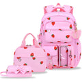 Girls Backpack Set With Lunch Box & Pencil Case, Floral Print Girls School Backpack For Elementary/Middle/High School (Pink-Strawberry)