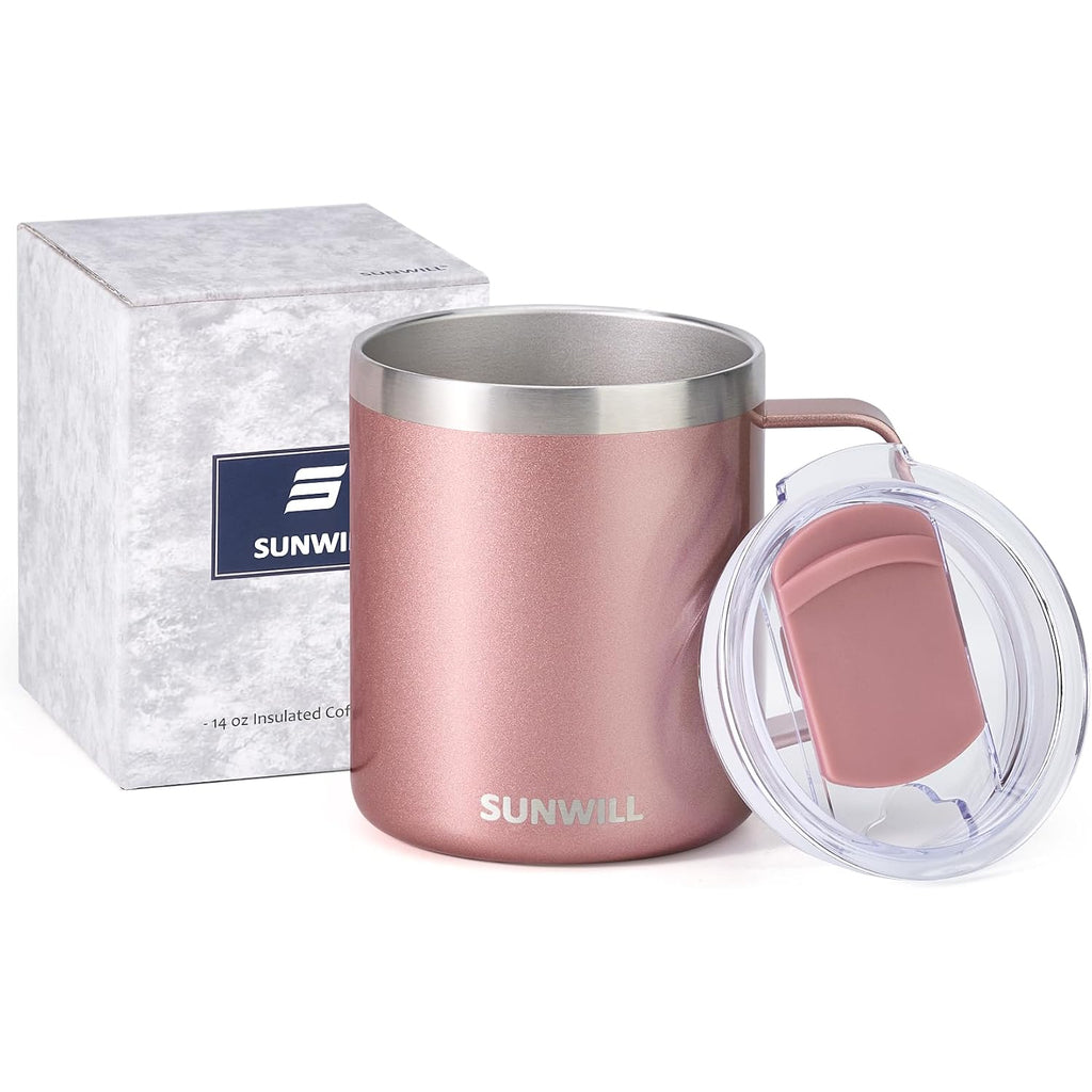 Sunwill Travel Coffee Mug With Lid, Insulated Tumbler With Handle, 14 Oz Stainless Steel Cup For Ice, Water, Tea, Rose Gold