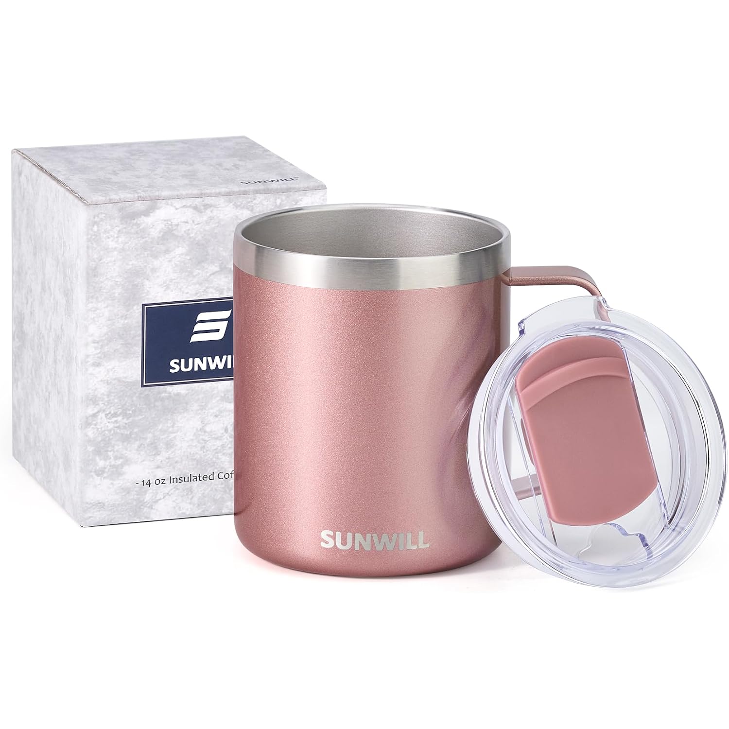Sunwill Travel Coffee Mug With Lid, Insulated Tumbler With Handle, 14 Oz Stainless Steel Cup For Ice, Water, Tea, Rose Gold