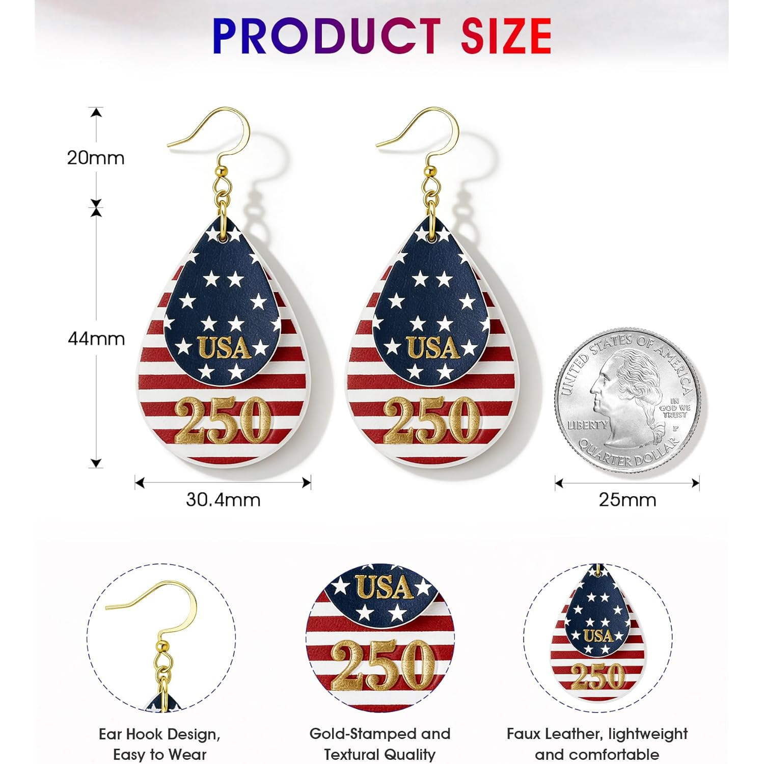 250th Anniversary Dangle Earrings for Women, Patriotic American Flag Teardrop Womens Earrings for 4th of July, Independence Day Party Outfit Jewelry Lightweight Celebration Present