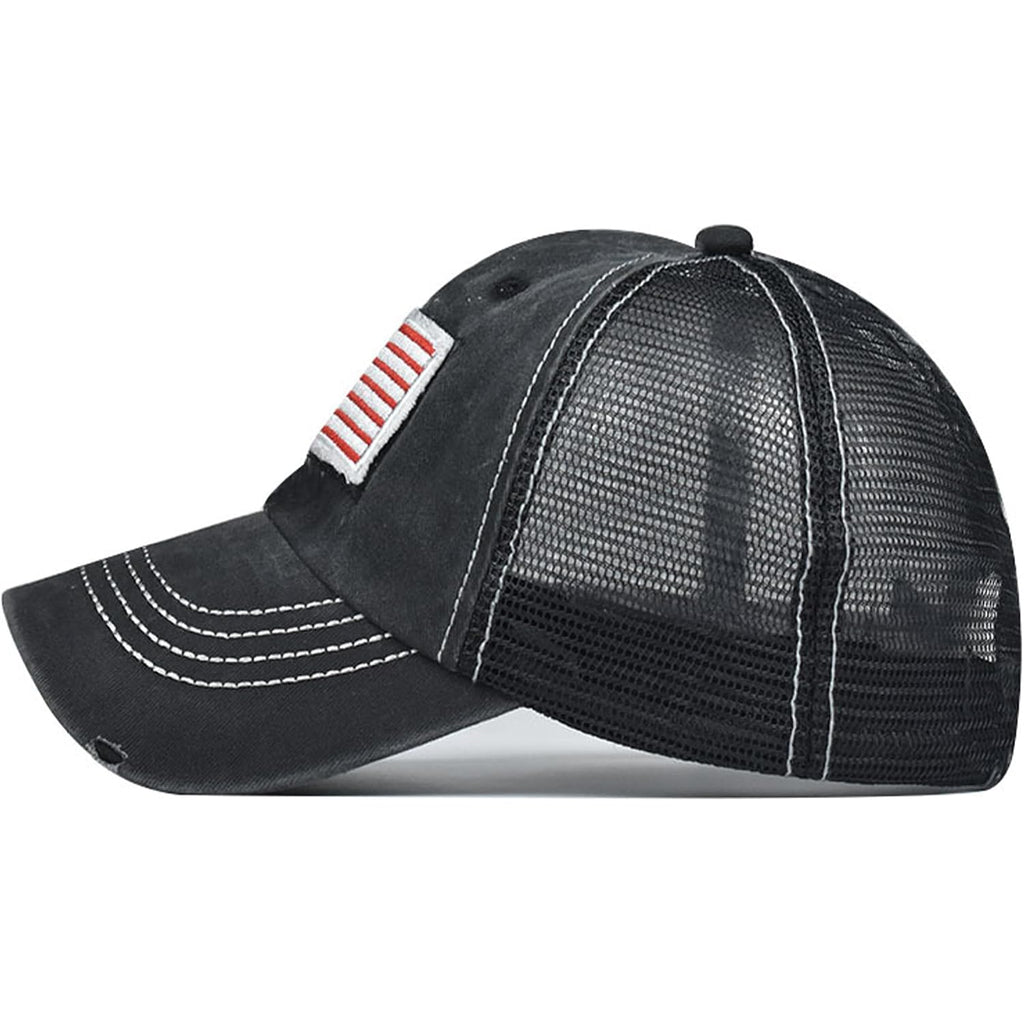 American Flag Baseball Cap High Ponytail Baseball Cap Adjustable Washed Vintage Cotton Denim Distressed Hat Unisex High Ponytail Usa-black