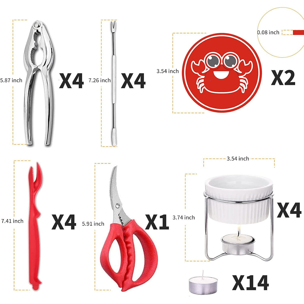 Luvan 33 Pcs Crab Crackers And Tools Set With 4 Crab Leg Crackers, 4 Crab Forks, 4 Lobster Shellers, 4 Butter Warmers, 1 Seafood Scissors, 14 Tealight Candles, 2 Crab Grabber-Seafood Boil Party Supply