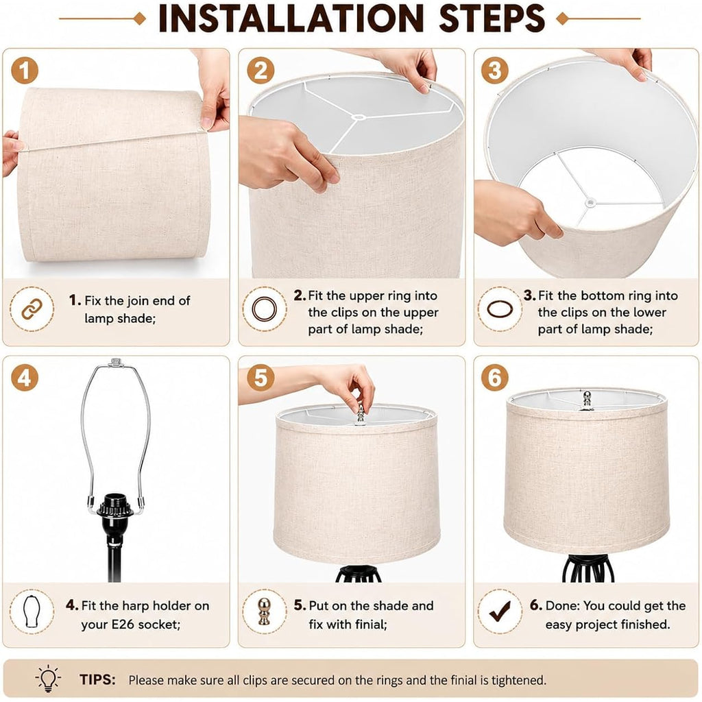 Drum Lamp Shades Set Of 2 For Table Lamps – 11.6" Top X 12.6" Bottom X 9.8" High, Qvtekn Medium Beige Lampshades For Floor Lamps (Spider Fitter), Natural Linen Handcrafted With Easy Assembly