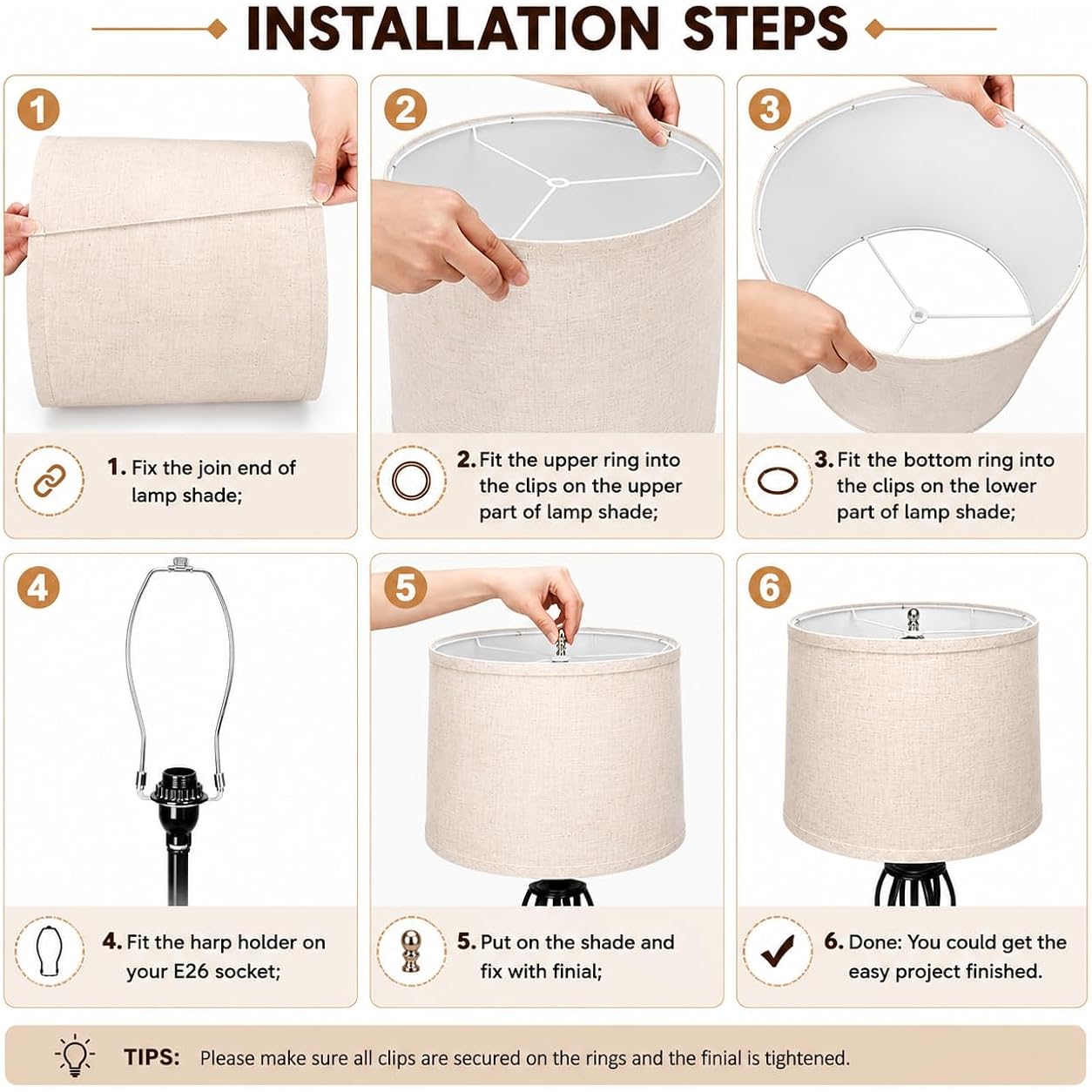 Drum Lamp Shades Set Of 2 For Table Lamps – 11.6" Top X 12.6" Bottom X 9.8" High, Qvtekn Medium Beige Lampshades For Floor Lamps (Spider Fitter), Natural Linen Handcrafted With Easy Assembly