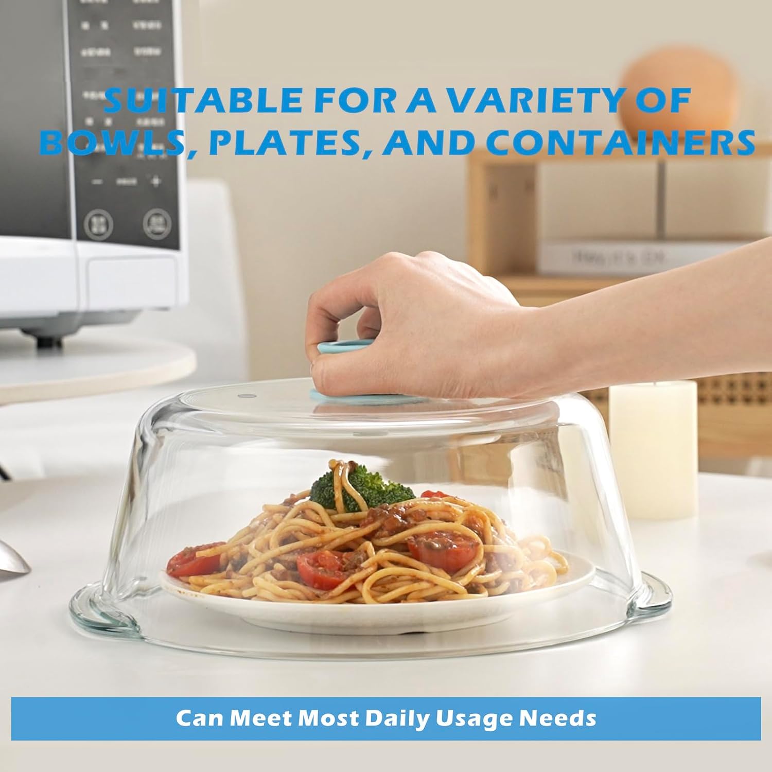 Tall Glass Microwave Splatter Cover for Food with Vent Hole 100% Food Safe 10in Plate Splatter Guard Lid with Silicone Knob BPA Free Cookware Serving Dish Cover Dishwasher Safe