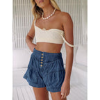 Womens Summer Flowy Jean Shorts Button Up High Waisted Wide Leg Denim Skort with Pockets