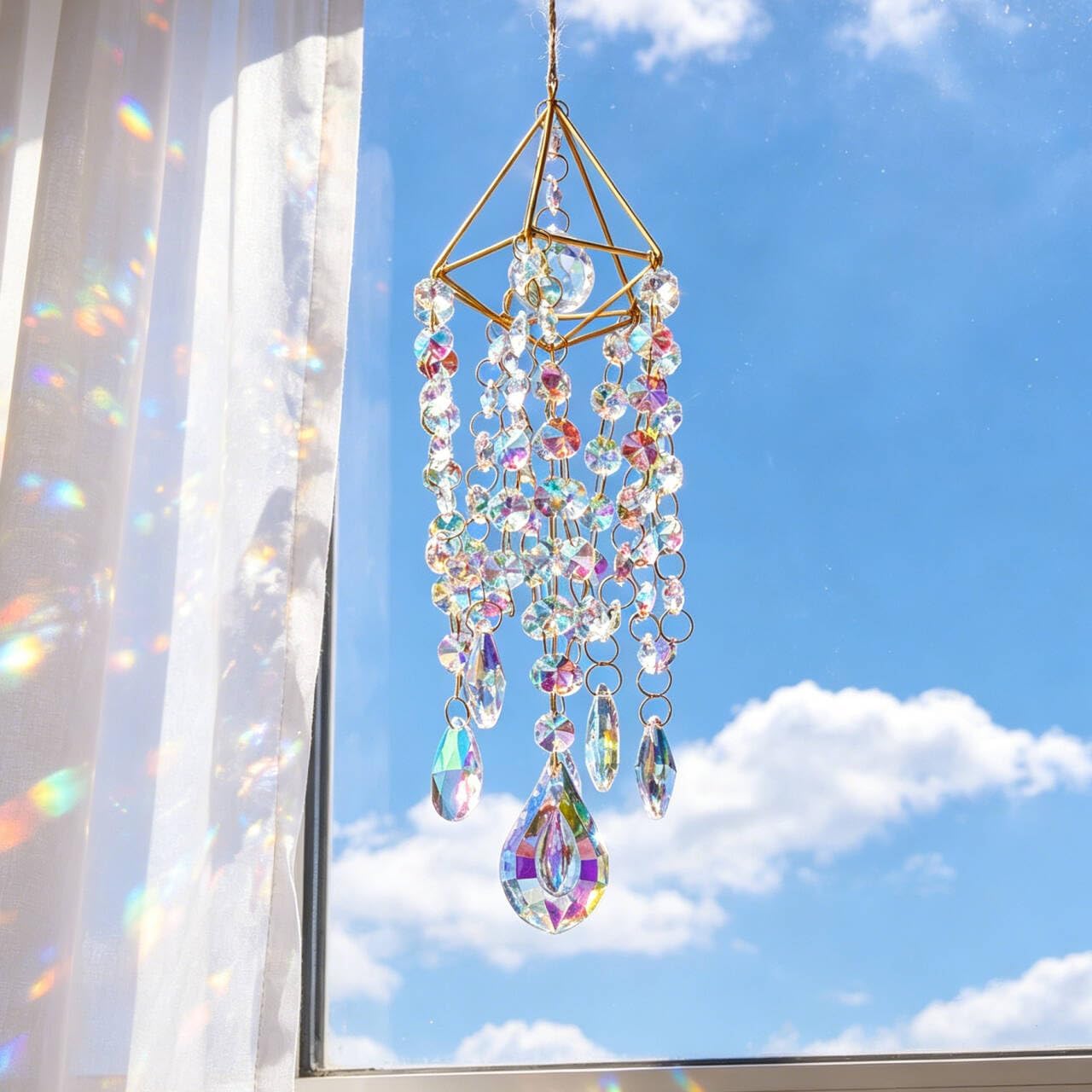Crystal Suncatchers For Window Hanging Rainbow Maker Sun Catchers Indoor | Glass Wind Chime Garden Sun Catchers With Crystals Prisms,Whimsical Decor For Home,Handmade Gold Plated,With String & Hook