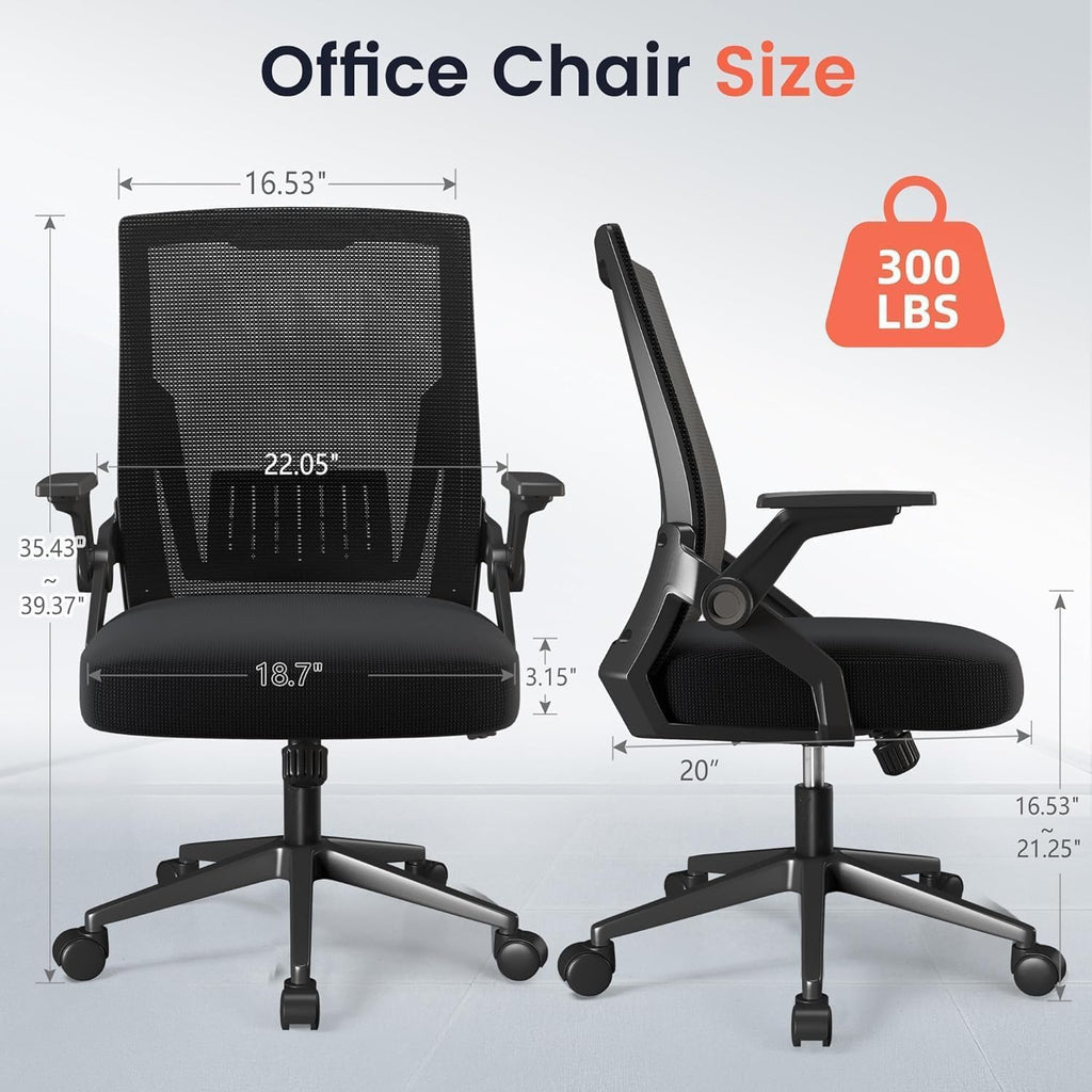 Gtplayer Ergonomic Office Chair With Flip-Up Armrests Executive Computer Chair For Home Office, Breathable Mesh & Comfy Lumbar Support, Black