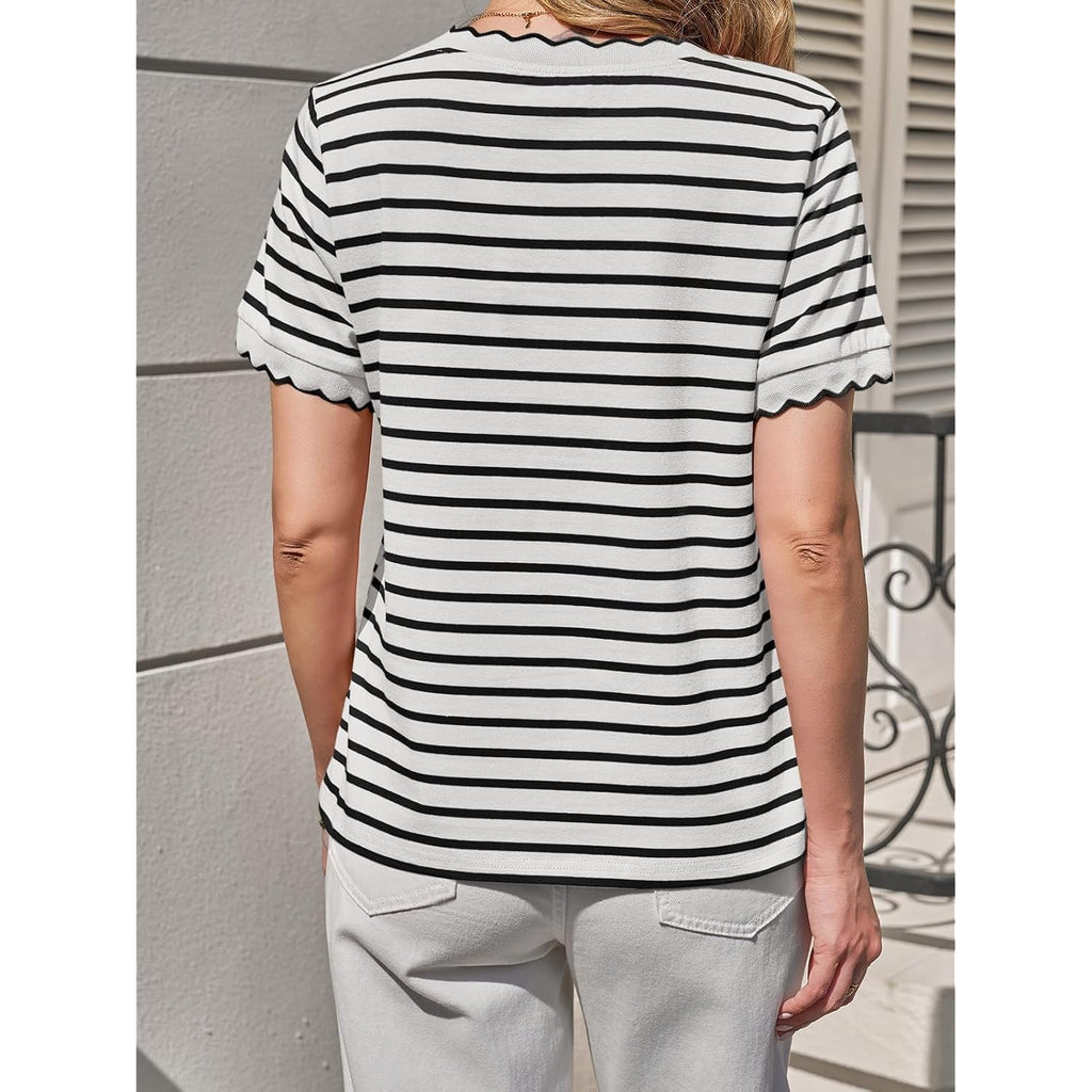 Tankaneo Womens Short Sleeve Striped Tshirts Summer Color Block Scalloped Tops Trendy Casual Basic Tee Shirts