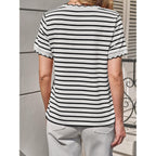 Tankaneo Womens Short Sleeve Striped Tshirts Summer Color Block Scalloped Tops Trendy Casual Basic Tee Shirts