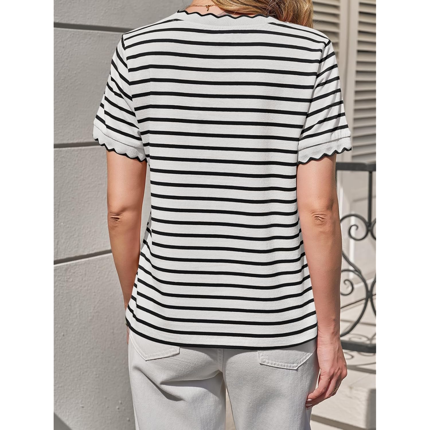Tankaneo Womens Short Sleeve Striped Tshirts Summer Color Block Scalloped Tops Trendy Casual Basic Tee Shirts