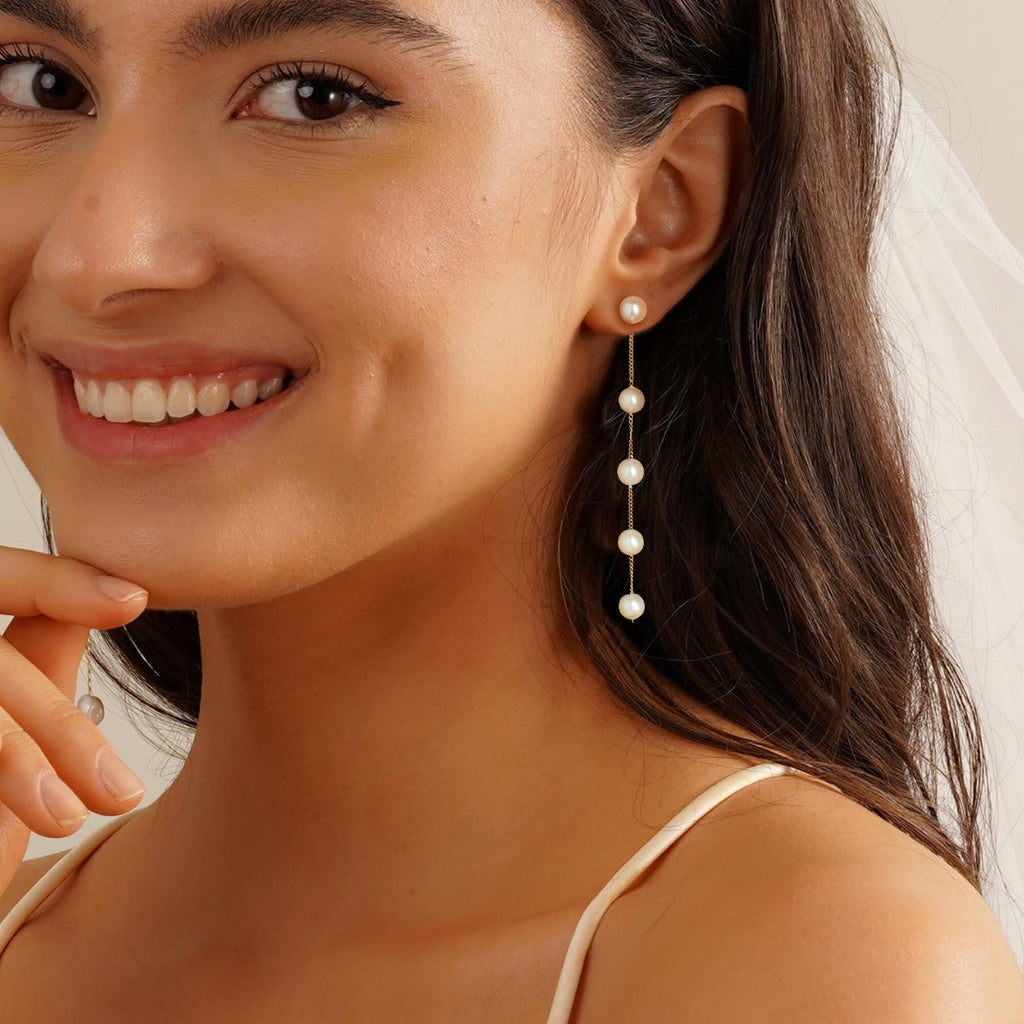 Pearl Earrings，4mm 5mm 6mm Gold/Silver Dangle Earrings for Women White Long Drop Pearl Dangling Earrings Bridal Wedding Dainty Prom Earrings Birthday Gifts Jewelry