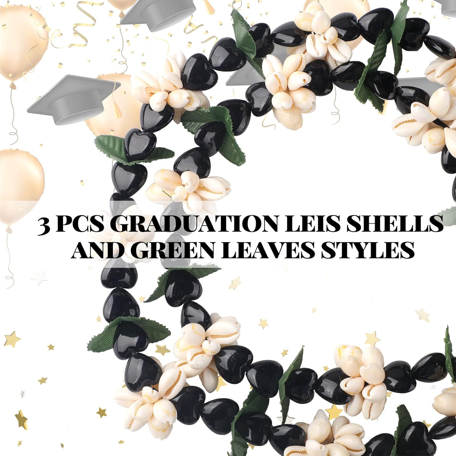 Rtteri Graduation Kukui Nuts Lei Hawaiian Leis with Cowrie Shell Faux Leaf 32'' Adjustable Luau Party Accessories for Men Women