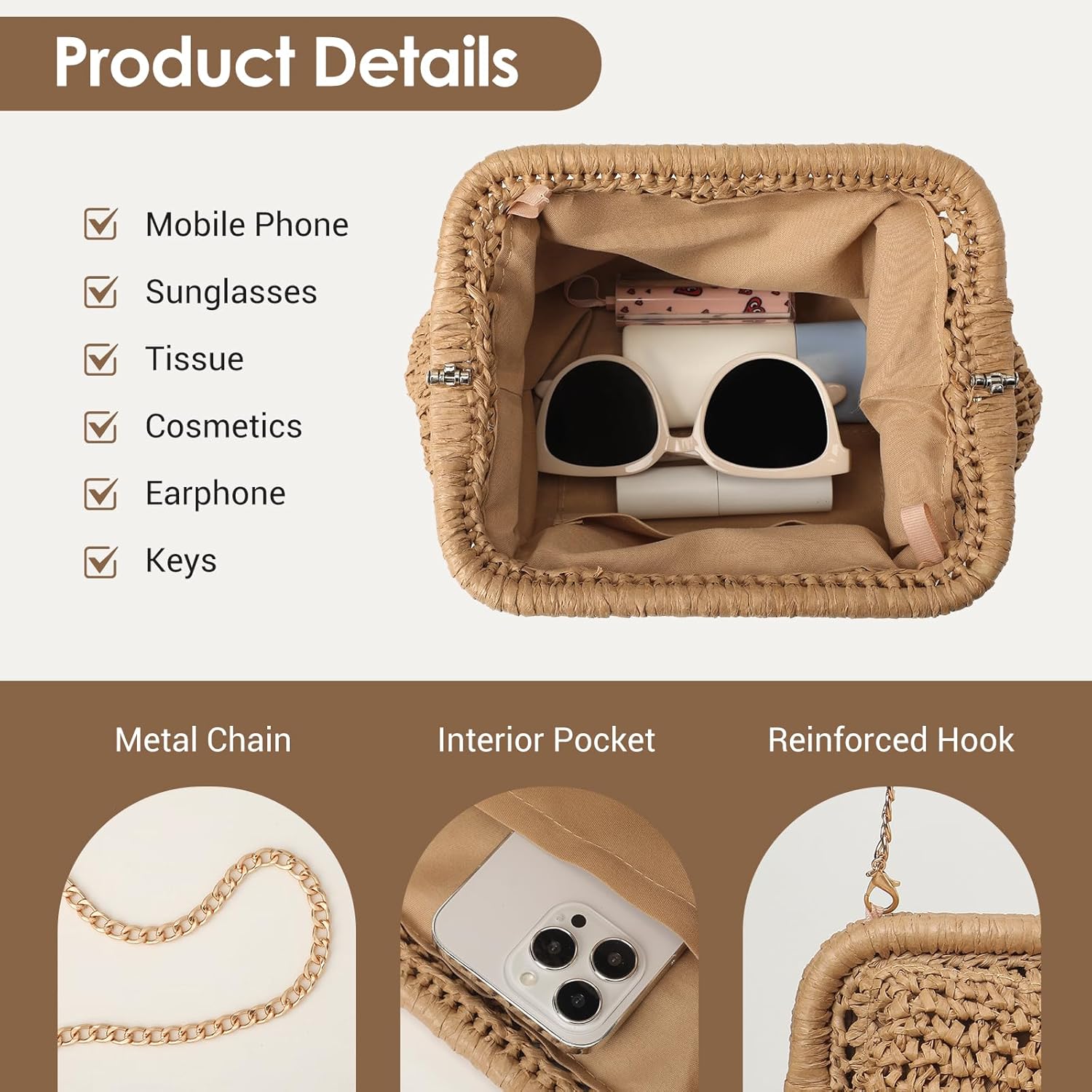 Clothirily Straw Clutch Purses for Women, Cloud Dumpling Woven Bag with Detachable Chain, Beach Crossbody Shoulder Handbag