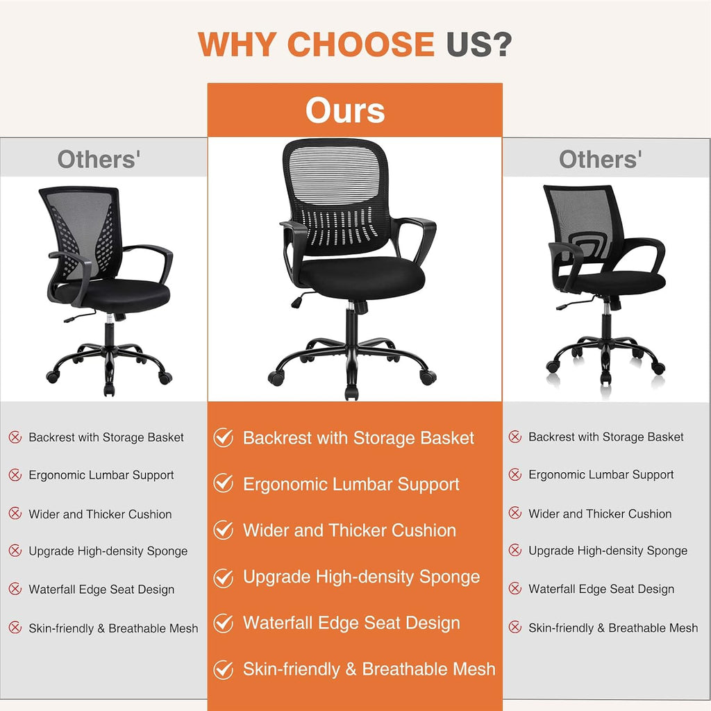 Sweetcrispy Home Office Managerial Executive Chair With Ergonomic Design, Mid-Back Mesh 360° Swivel, Comfortable Lumbar Support, Comfy Arms For Bedroom,Study,Student, Black
