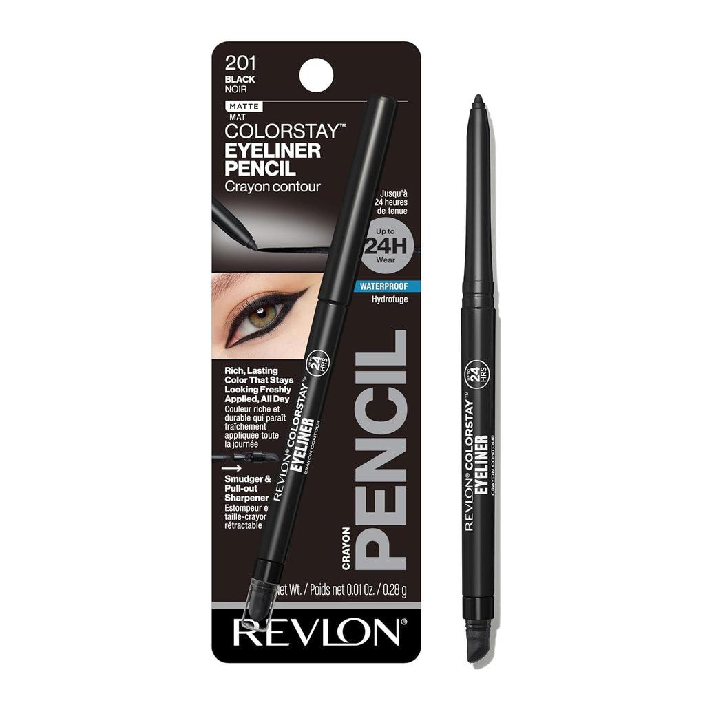 Revlon Colorstay Pencil Waterproof Eyeliner, Smudge-Proof, Eye Makeup With Built-In Sharpener, Long-Lasting, Matte Finish, 201 Black, 0.01 Oz