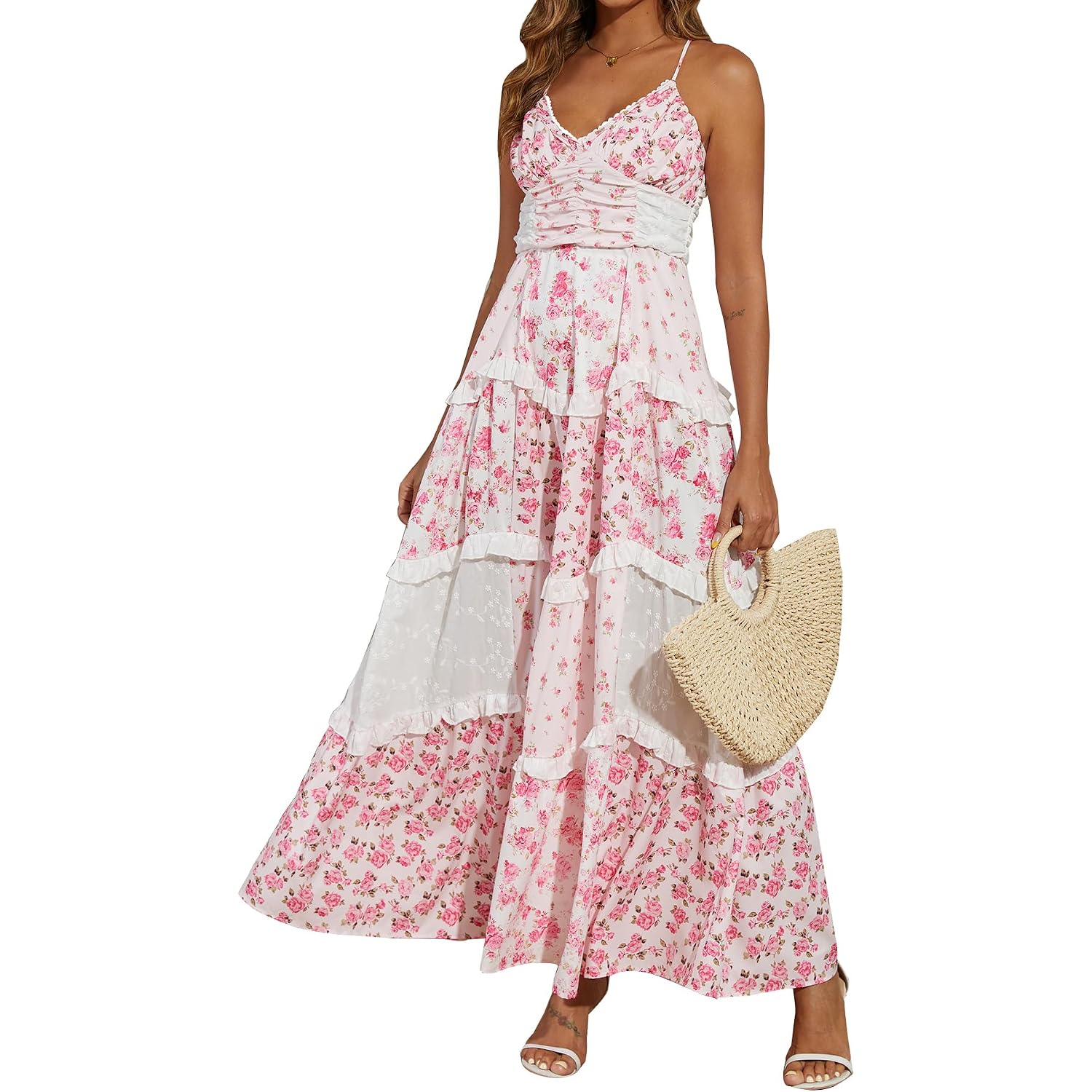 Women Floral Maxi Dress Spaghetti Straps V Neck Lace Patchwork Flowy Tiered Boho Beach Sundress Long Dresses