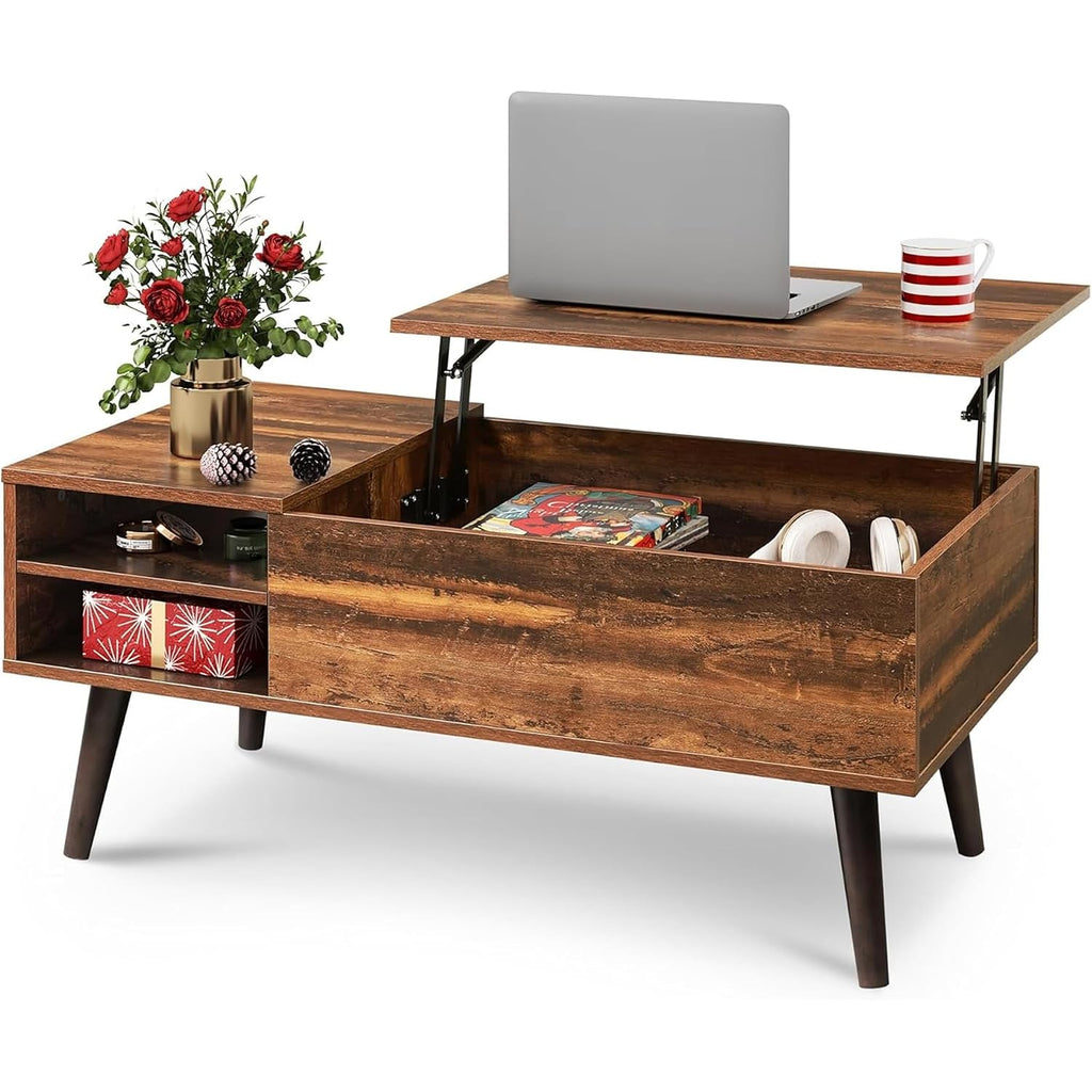 Wlive Coffee Table With Lifting Top, Hidden Storage & Adjustable Shelf For Living Room Small Space, Multifunctional Rising Wooden Center Table, Mid Century Modern Tables For Home Dining Office, Brown
