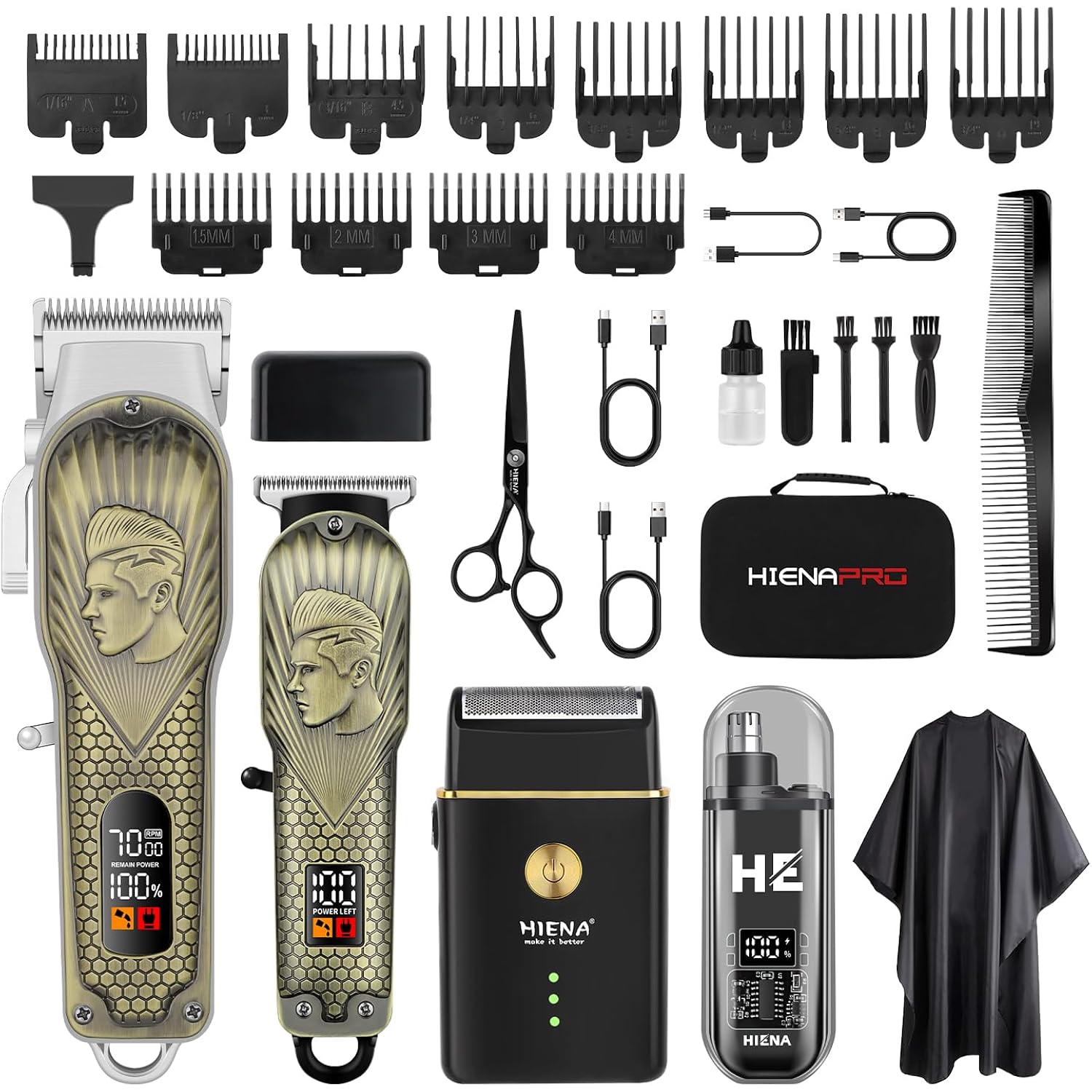 Hiena Pro Professional Hair Clippers For Men, Cordless Hair Clipper For Barber Clippers And Trimmer Led Haircut Set With Foil Shaver, Nose Trimmer, Rechargeable Clippers For Men