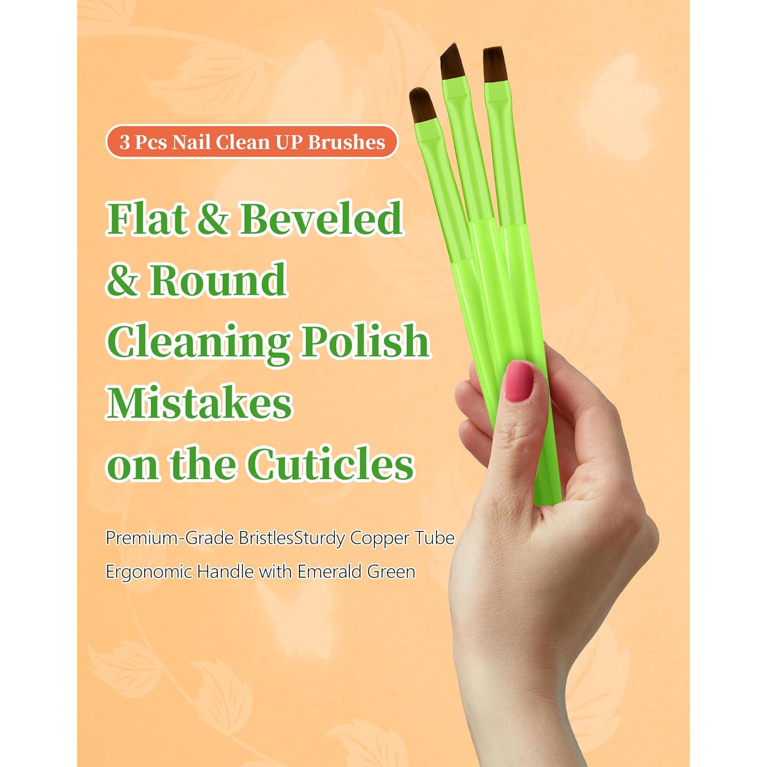 3PCS Nail Polish Clean Up Brush, Round&Falt&Angled Acetone Resistant Nail Brush for OPI Nail Polish Remover, Fingernail Cleaning Brushes at Home Nail Art and Designs(Bright Green)