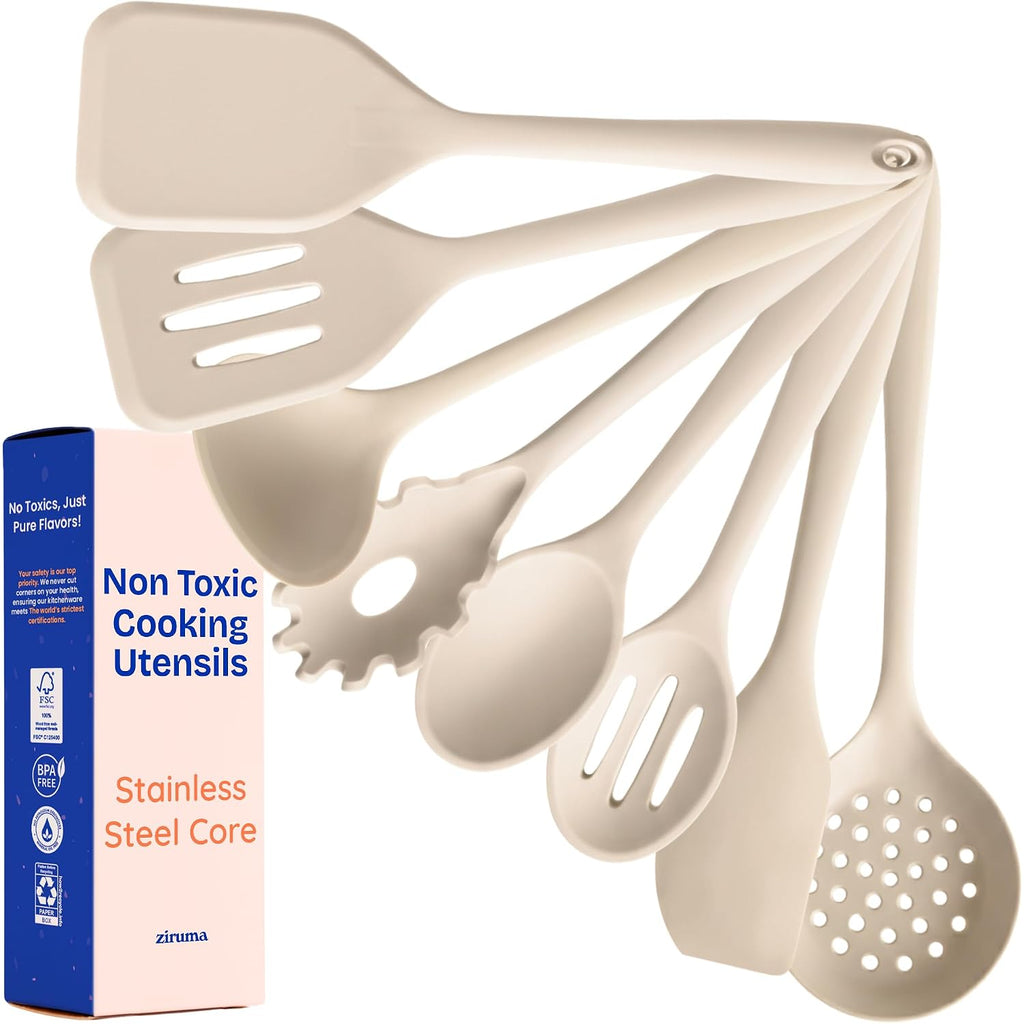 Nontoxic Platinum Silicone Utensils, 100% Plastic-Free, 8-Pcs, Beige | Lfgb-Certified Platinum Silicone. Solid Steel Core, No Hidden Plastics. 500°F Heat Resistant. Non-Scratch. Dishwasher Safe