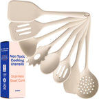 Nontoxic Platinum Silicone Utensils, 100% Plastic-Free, 8-Pcs, Beige | Lfgb-Certified Platinum Silicone. Solid Steel Core, No Hidden Plastics. 500°F Heat Resistant. Non-Scratch. Dishwasher Safe