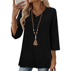 3/4 Length Sleeve Cotton Linen Womens Tops V Neck Loose Fit Dressy Casual Blouse Flowy Shirts Womens Clothing