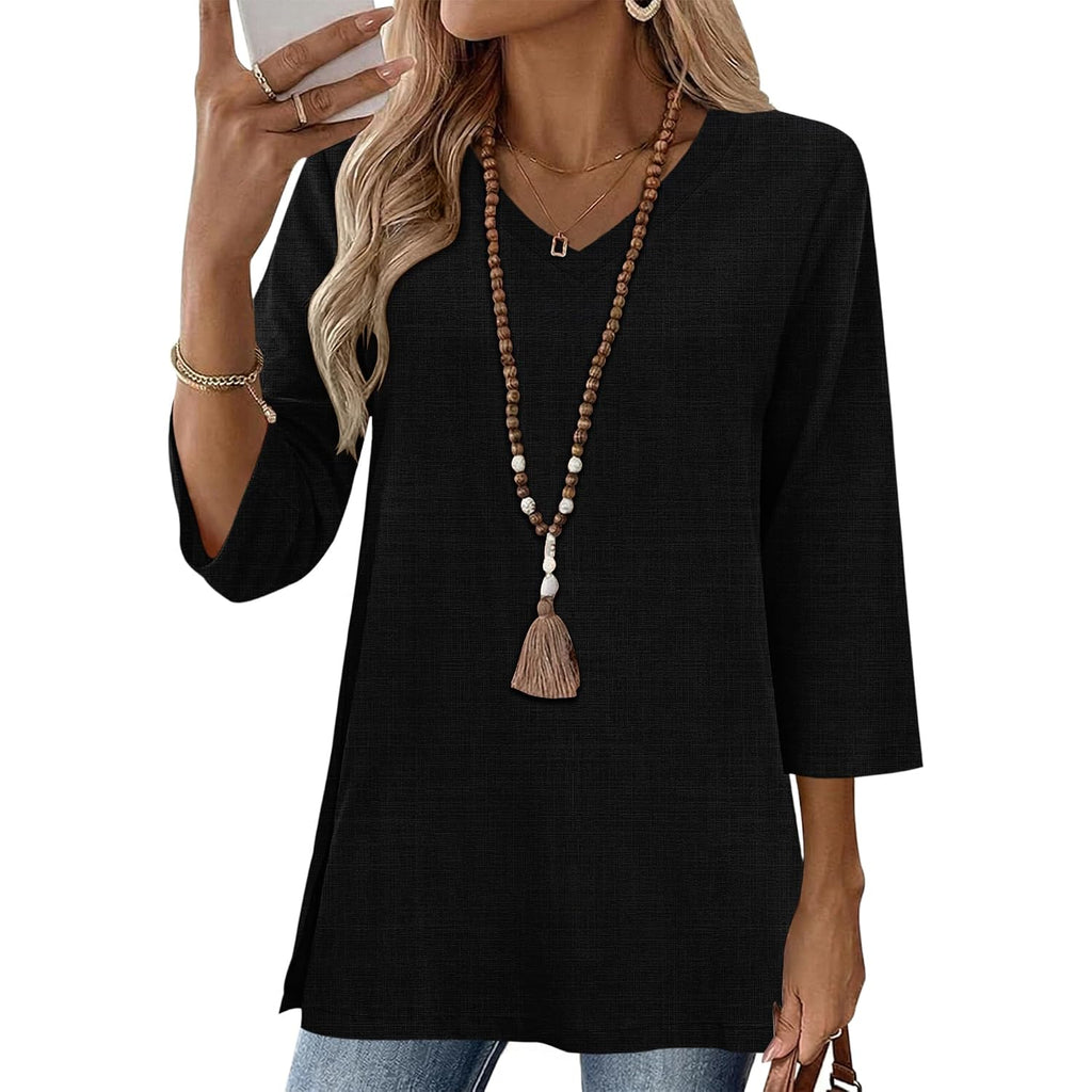 3/4 Length Sleeve Cotton Linen Womens Tops V Neck Loose Fit Dressy Casual Blouse Flowy Shirts Womens Clothing