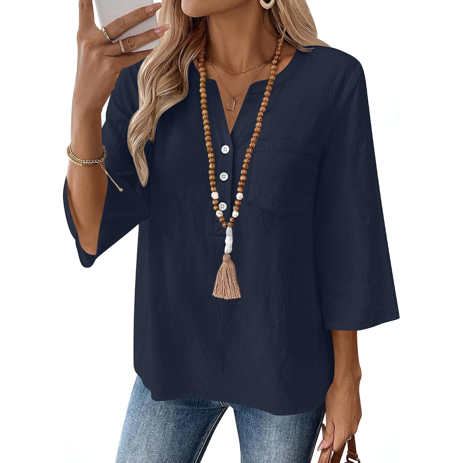 LOMON 3/4 Length Sleeve Womens Tops Cotton Linen Shirts V Neck Loose Fit Casual Blouses Early Fall Fashion Clothes