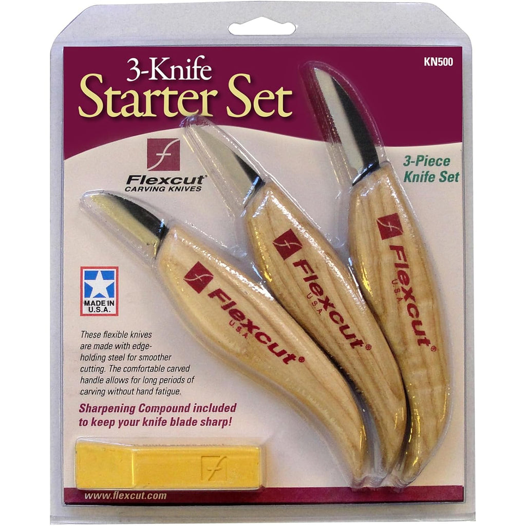 Flexcut Wood Carving Knives | Starter Set Of 3 Woodcarving Knives | 1095 High Carbon Steel Blades | Ergonomic Ash Wood Handles For Beginners And Hobbyists | Kn500 | Made In The U.S.A