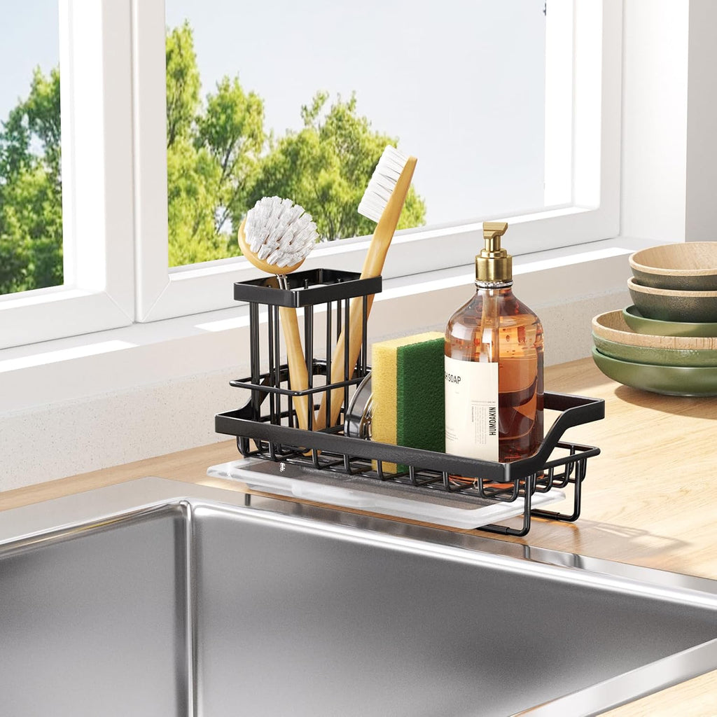 Sponge Holder For Kitchen Sink - Kitchen Sink Caddy Organizer With Removable Drip Tray For Countertop Dish Soap Dispenser Brush Storage Accessories 304 Stainless Steel - Black