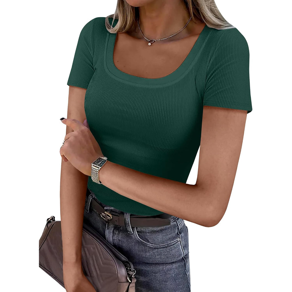 Anrabess Women Short Sleeve Tops Scoop Neck Ribbed Knit Slim Fitted Basic Tee Shirt Casual Summer Clothes 2026 Spring Outfits