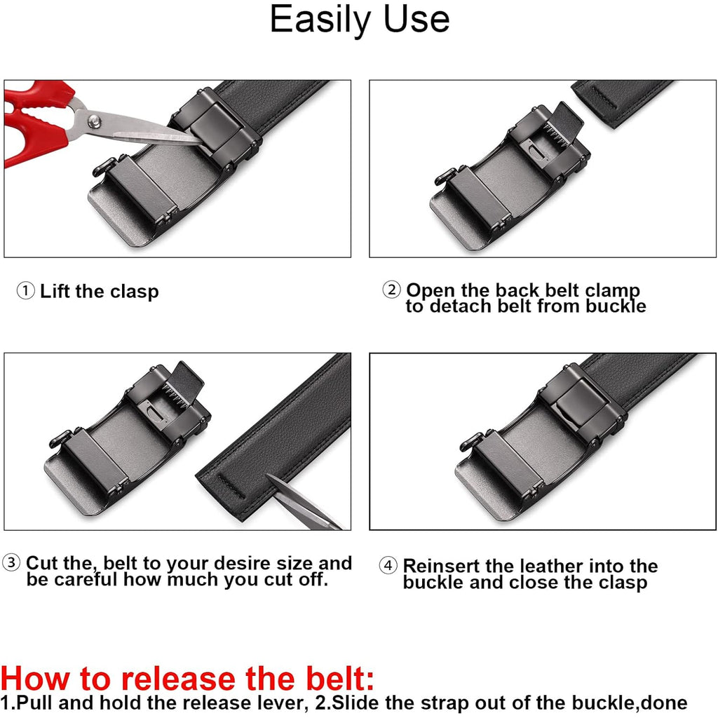Sendefn Men'S Leather Belt Automatic Ratchet Buckle Slide Belt For Dress Casual Trim To Fit With Gift Box