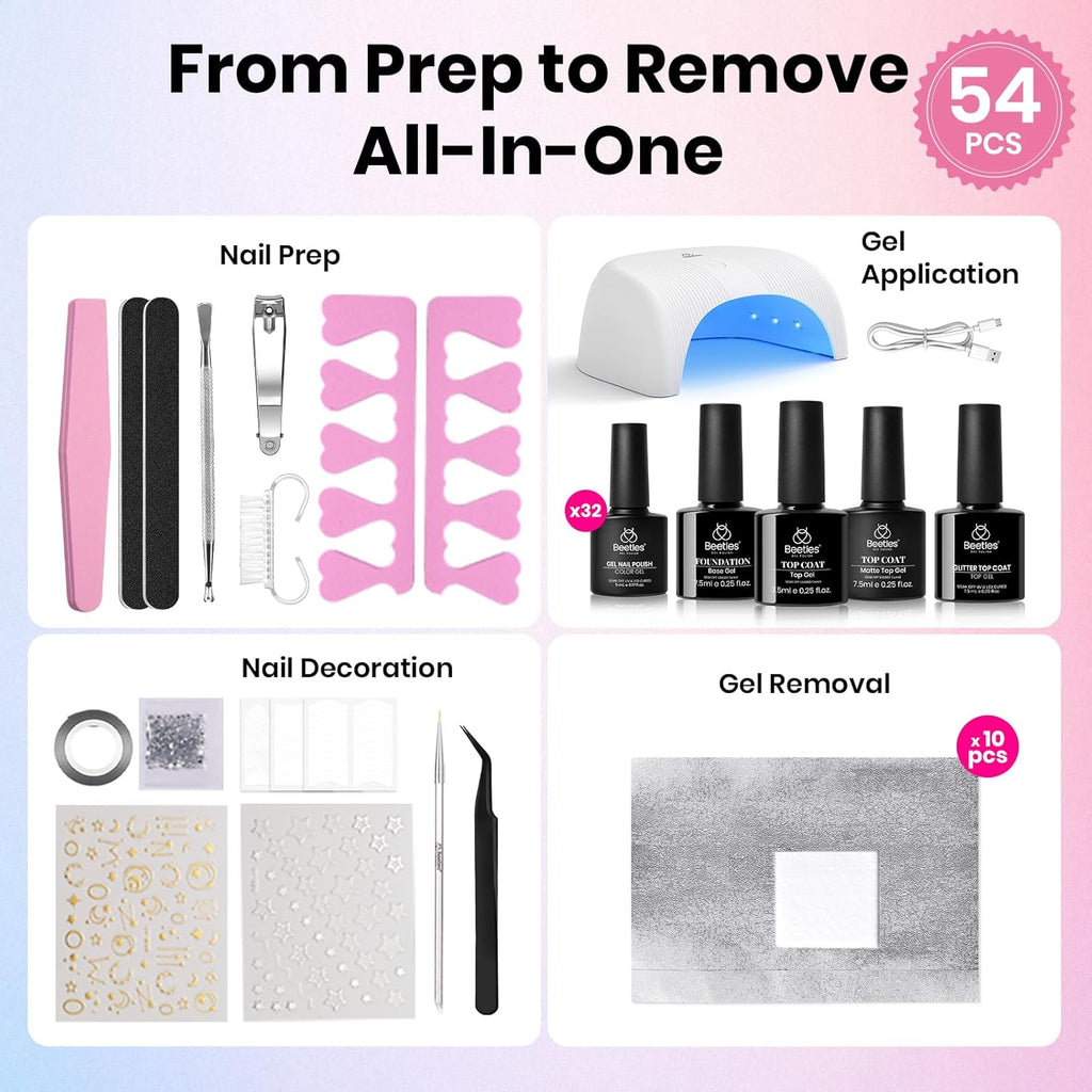 Beetles Gel Nail Polish Kit with U V Light -54 Pcs Gel Nail Kit Four Seasons Glow 32 Colors Set with Base Matte & Glossy Top Coat Soak Off Home Salon Nails DIY Manicure Gifts for Women Teen Girls