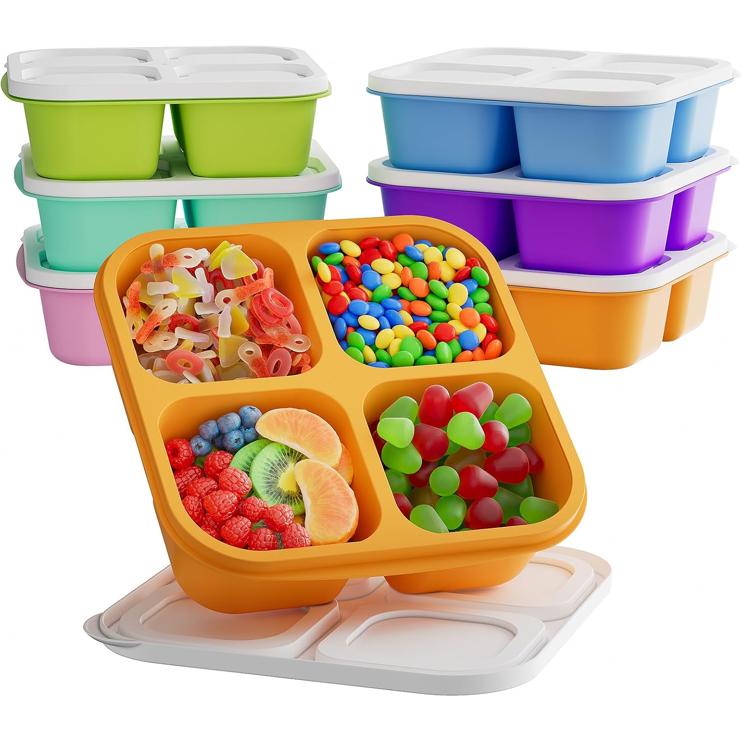 6 Pcs Bento Snack Containers, Reusable 4 Compartment Food Storage Container With Lids, Divided Lunchable Container, Freezer, Microwave & Dishwasher Safe (6 Color)