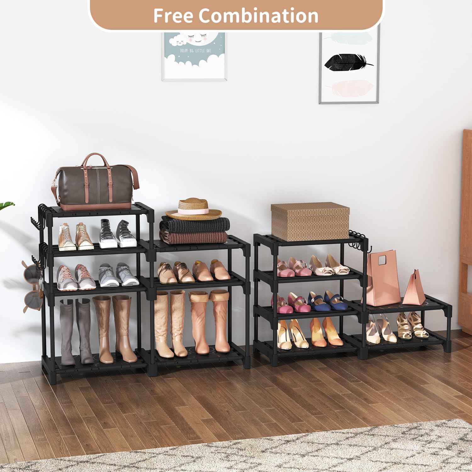 ROJASOP Shoe Rack Organizer, 8-Tier Metal Shoe Rack for Closet Entryway Garage, 26-32 Pairs Tall Shoe Boot Storage Shelf with 15 Hooks, Stackable Large Shoe Stand