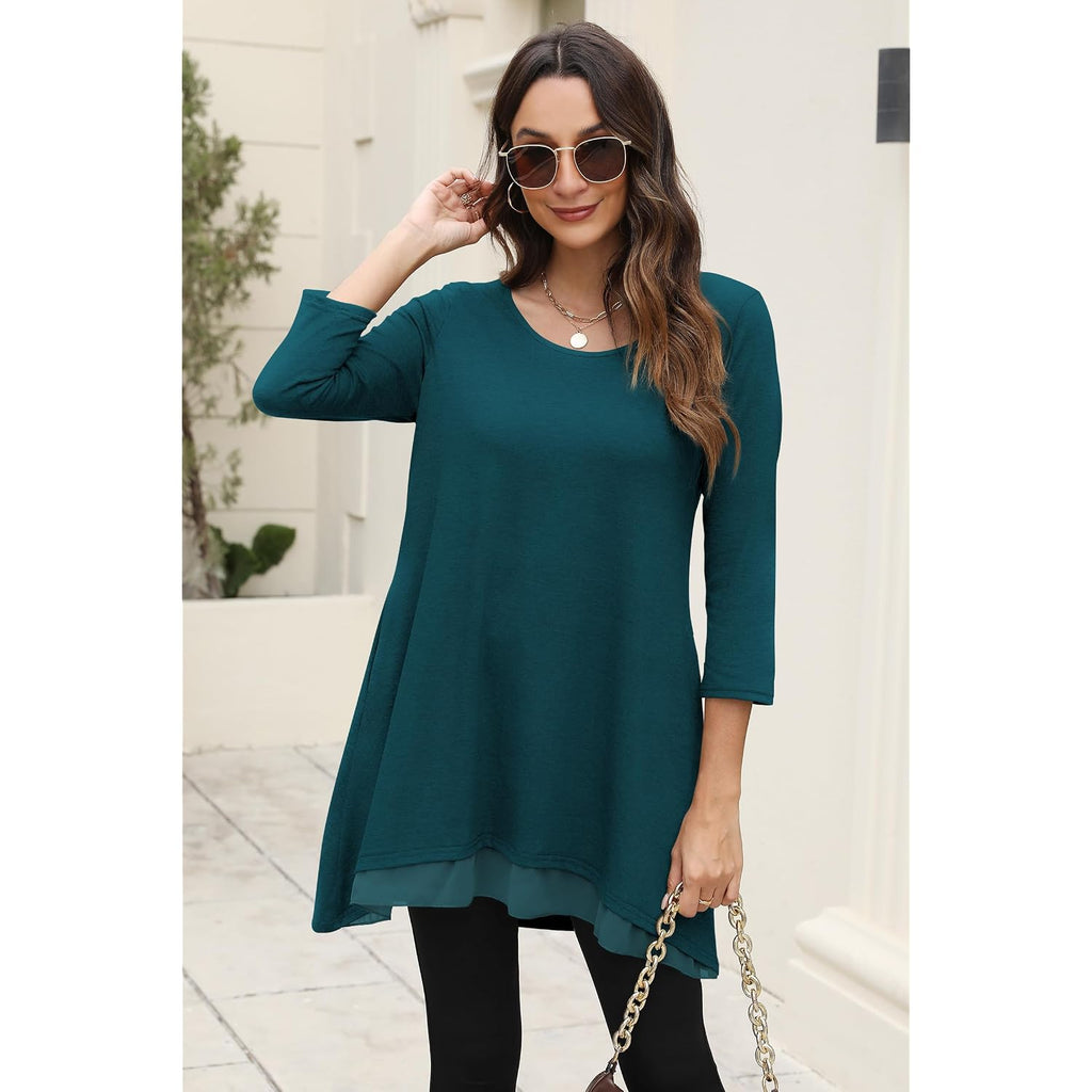 Womens 3/4 Sleeve Tunic Tops to Wear with Leggings Layered Chiffon Hem Casual Long Shirts with Pockets