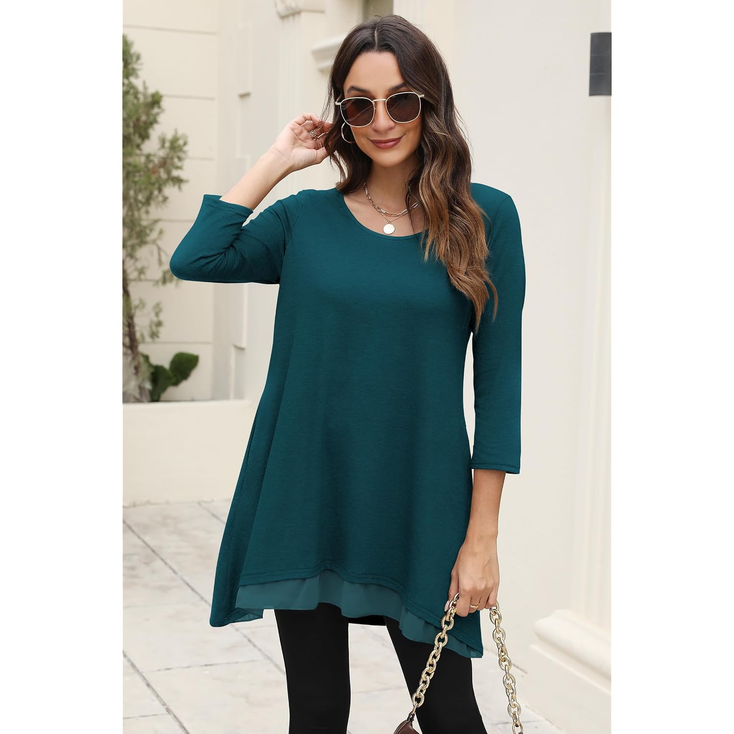 Womens 3/4 Sleeve Tunic Tops to Wear with Leggings Layered Chiffon Hem Casual Long Shirts with Pockets