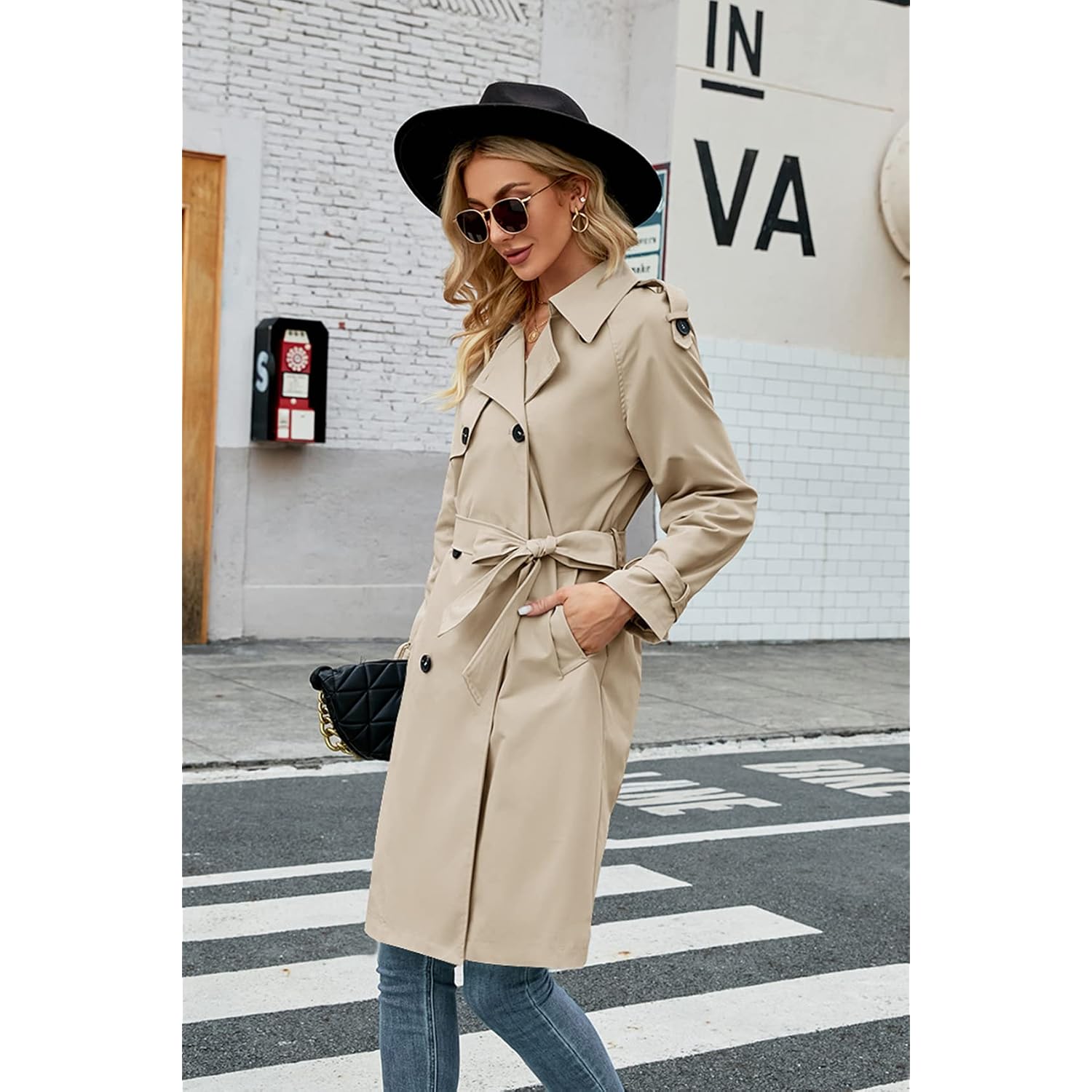 Women'S Double Breasted Long Trench Coat Windproof Classic Lapel Slim Overcoat With Belt