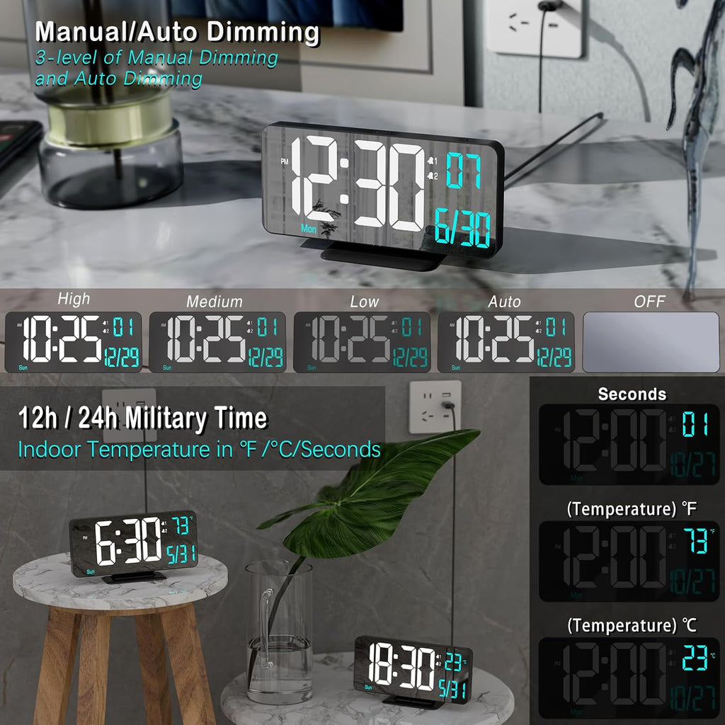 Digital Alarm Clock 6.7In Black Clock For Bedroom, Dual Alarm, Date, Seconds,Day Of Week,12/24H,Dimming, Temp, Desk Clock, Led Clock For Living Room, Calendar Digital Clock