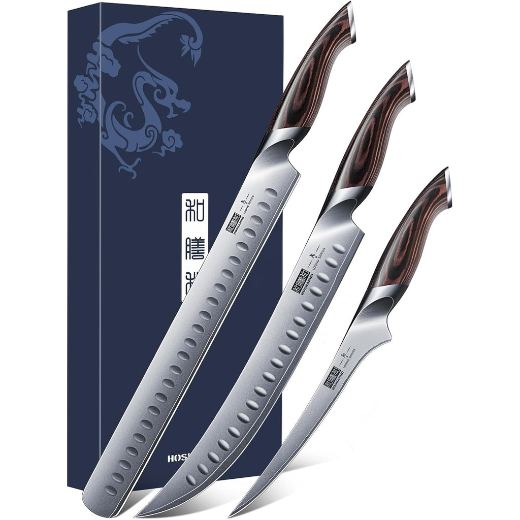Hoshanho Carving Knife Set 3Pcs, Japanese High Carbon Steel Brisket Slicing Knife Sets With Ergonomic Pakkawood Handle, Butcher Knife Breaking Knife Boning Knife For Meat Cutting