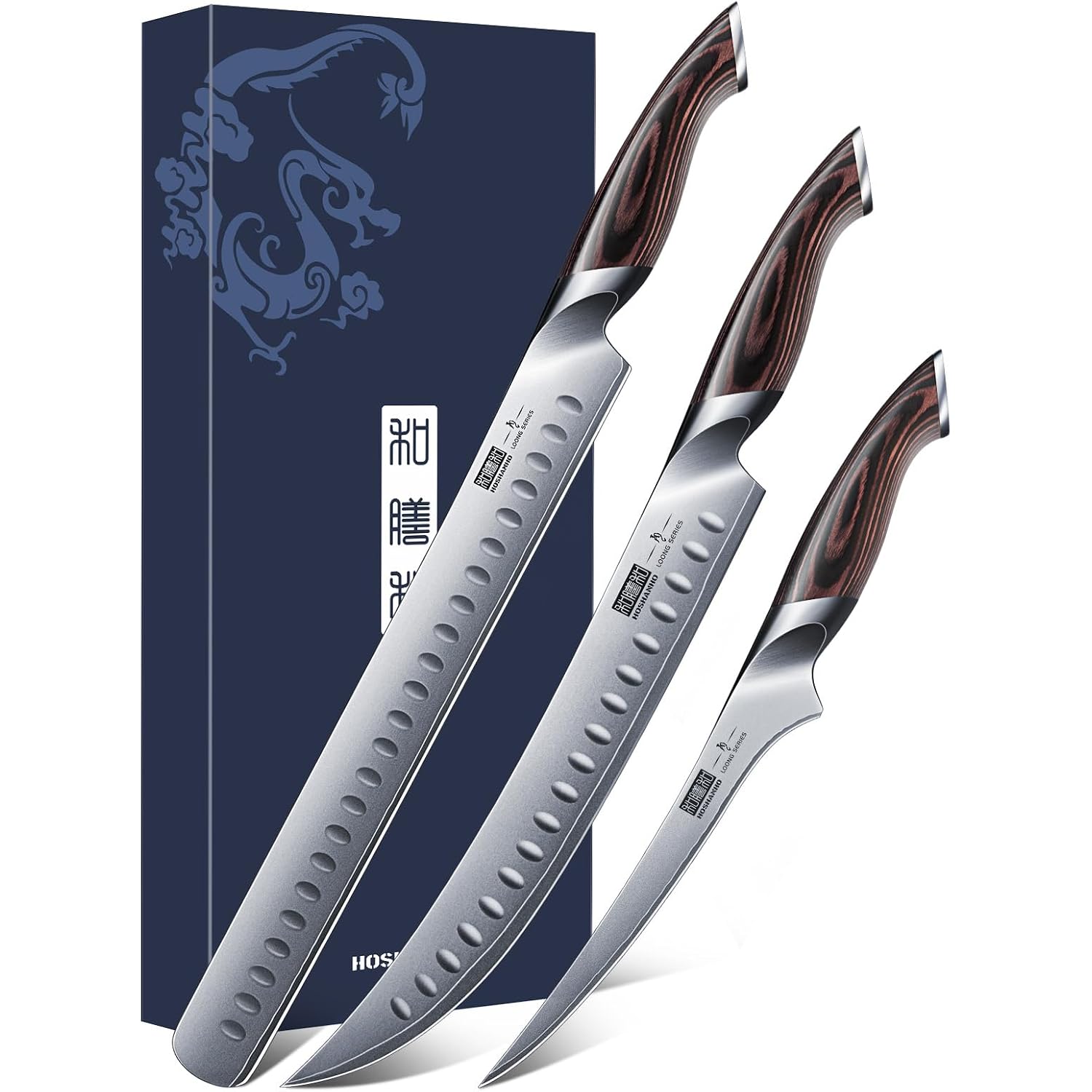 Hoshanho Carving Knife Set 3Pcs, Japanese High Carbon Steel Brisket Slicing Knife Sets With Ergonomic Pakkawood Handle, Butcher Knife Breaking Knife Boning Knife For Meat Cutting