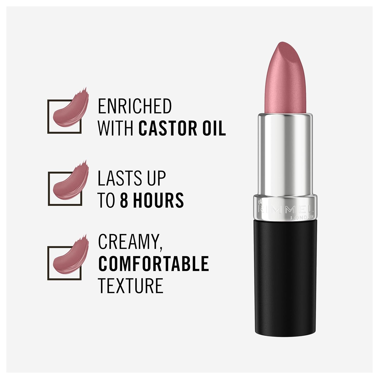 Rimmel Lasting Finish Lipstick | Up to 8 Hours of Intense Lip Color with Color Protect Technology and Exclusive Black Diamond Complex | 0.14 fl oz (Pack of 1) | 002 Candy