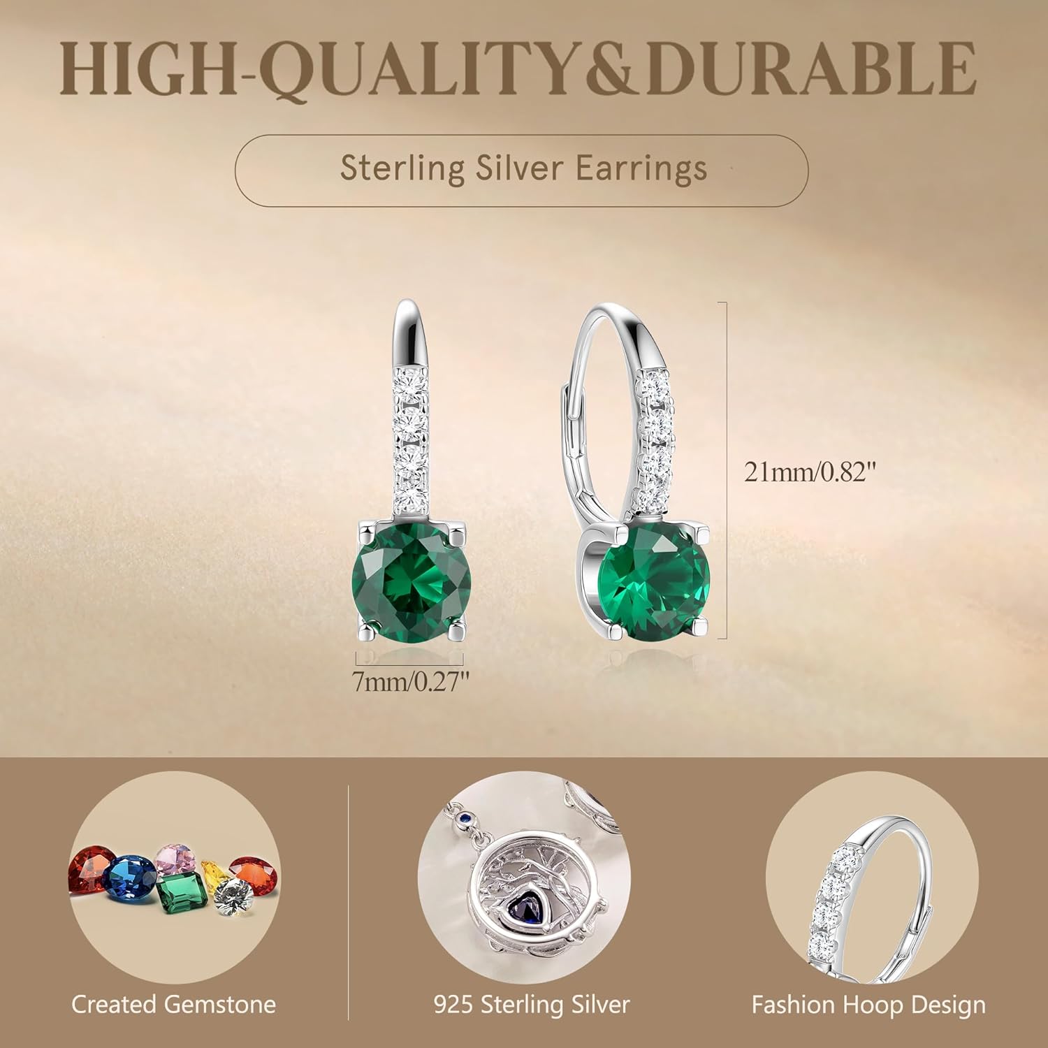 FANCIME 925 Sterling Silver Drop Dangle Earrings Leverback Clasp 6.5mm Hoop Gemstone Earrings Birthstone Jewelry Gift for Women Mom Wife Her