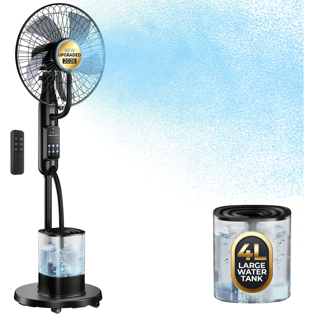 Upgraded Misting Fan With 4L Large Water Tank | 1.06 Gallon Fine Mist Fan, 5 Speeds 3 Modes Misting Standing Fan With Remote, Floor Fan For Home, Bedroom, Patio
