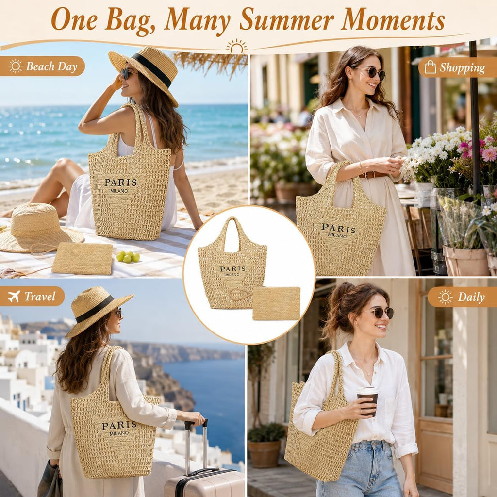 Qzunique Women Straw Woven Bag Summer Shoulder Bag Beach Purse Hobo Vacation Straw Clutch Handbag
