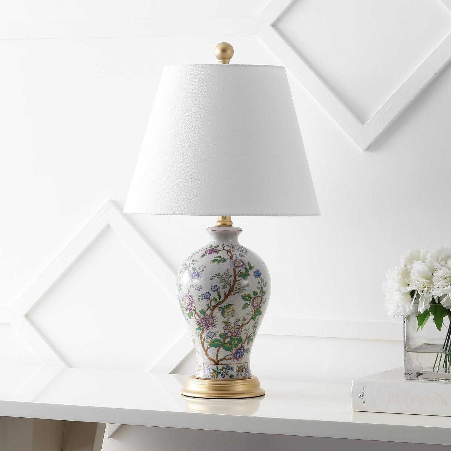 Jonathan Y 24" Multi-Colored/Gold French Country Ceramic Floral Urn Table Lamp, White Linen Shade, Chinoiserie Ginger Jar Bedside Lamp For Living Room Bedroom, Led Bulb Jyl3009A